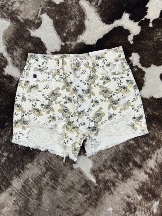 High Rise Floral Print Denim Shorts