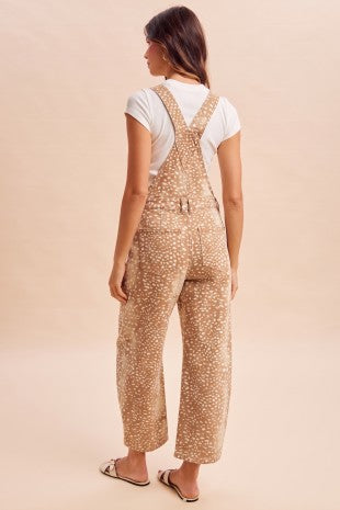 Deer Bambi Print Denim Barrel Overalls