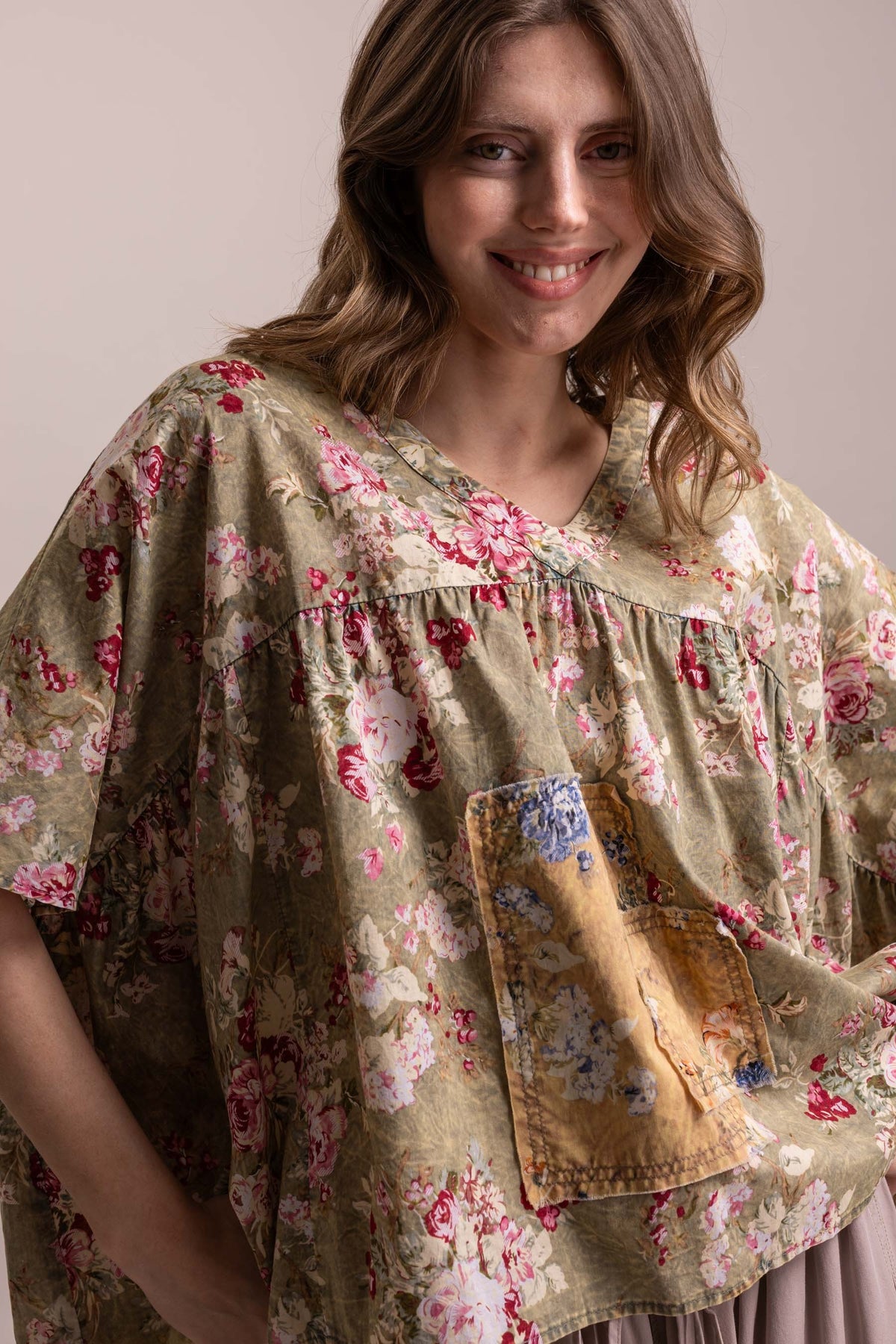 Flower Print Patchwork V-Neck Loose Fit Top