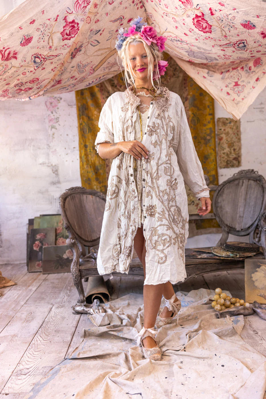 Magnolia Pearl Leola Embroidered Smock Coat - Moonlight