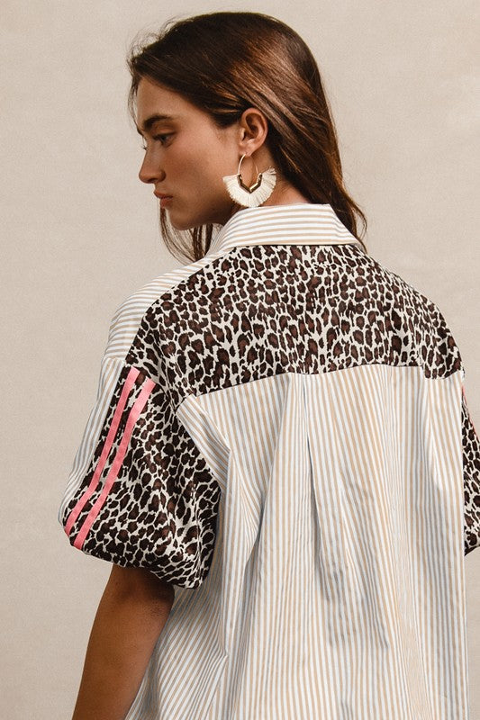 Stripe Pattern with Leopard Print Top - Latte/Sand