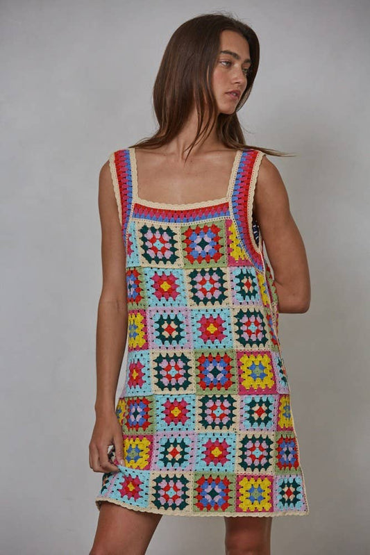 Knit Cotton Nylon Crochet Sleeveless Mini Dress