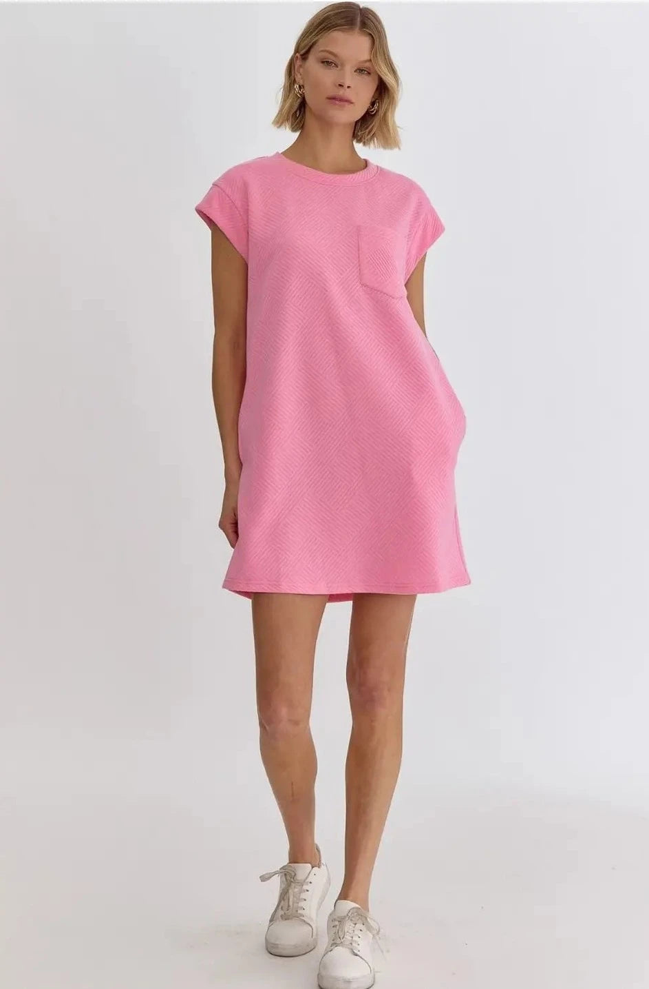 Textured Round Neck Sleeveless Mini Dress - Bubblegum