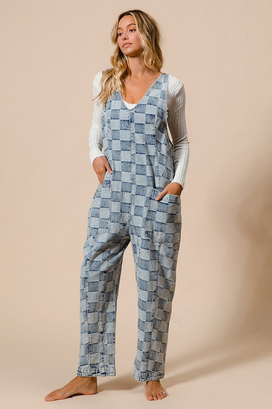 Low Rise Vintage Washed Checker Denim Overalls