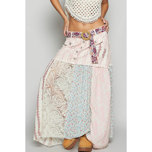 Woven Floral Print Mixed Skirt