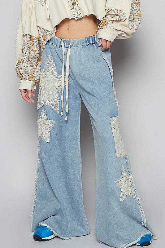 Star Patches Adjustable Waistband Casual Pants