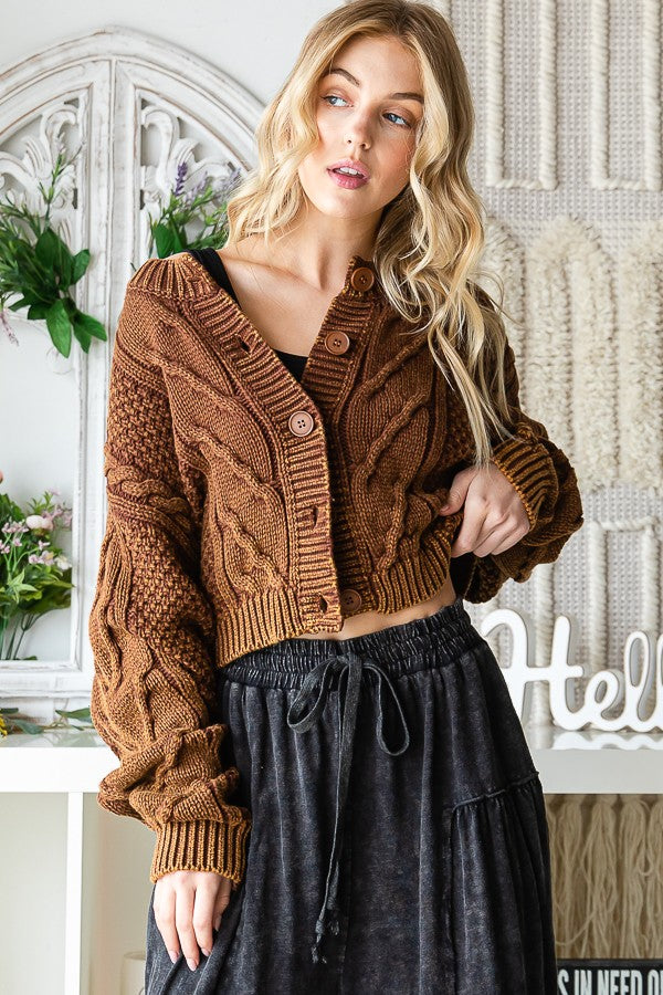Washed Sweater Cardigan - Brown