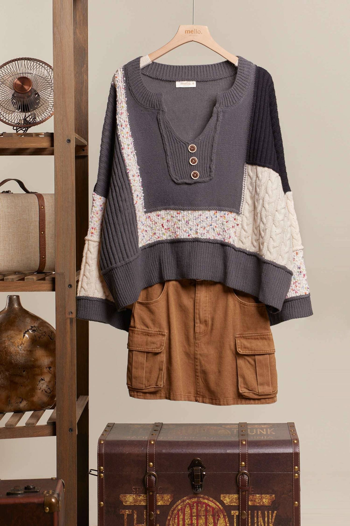 Multi Fabric Color Block Lace Sweater