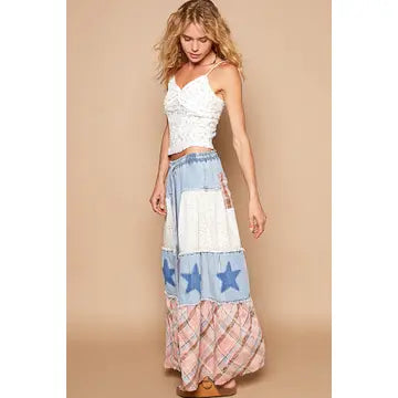 Star Patch Detail Solid Chambray Wide Pants - Denim