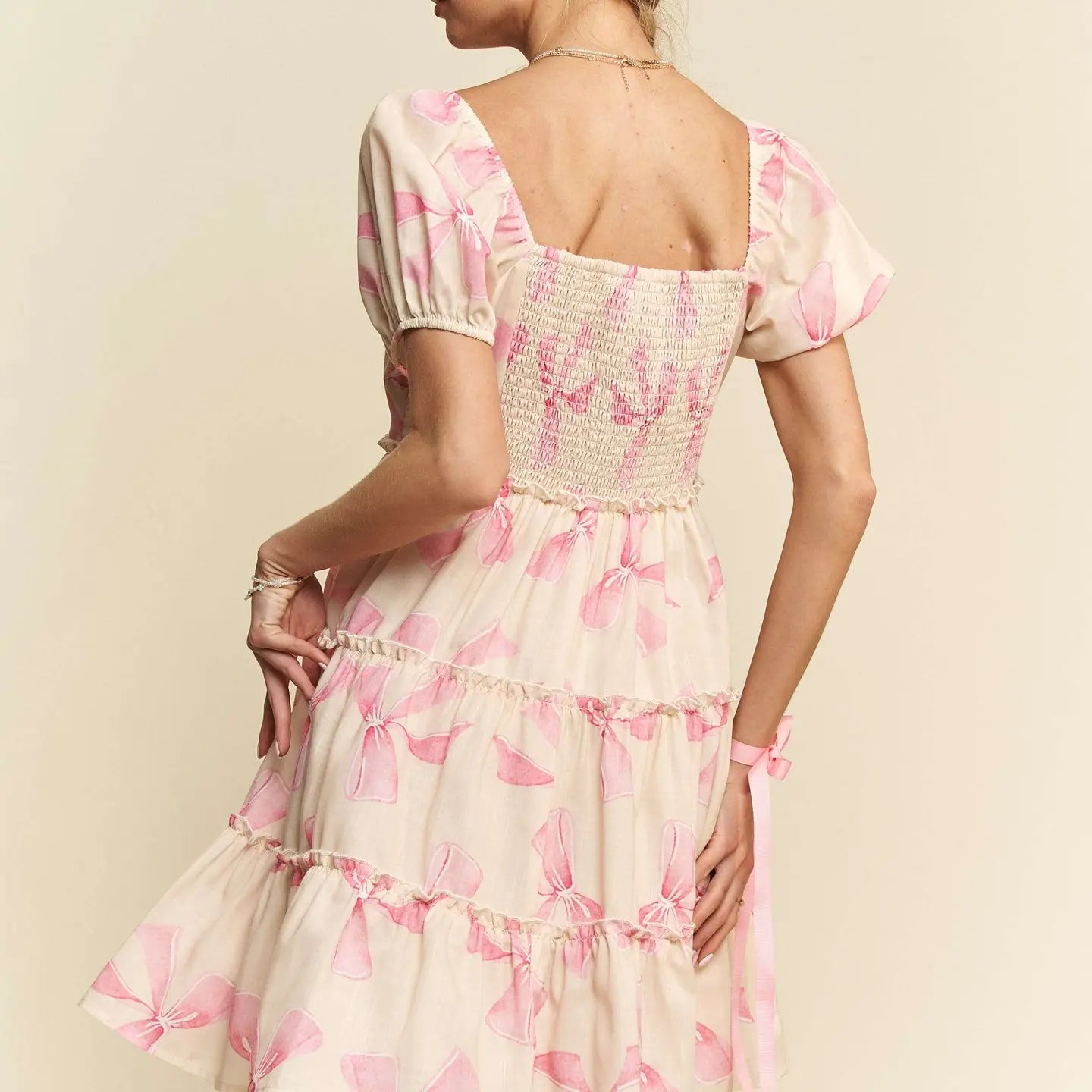 Bow Printed Puff Smocking Back Tiered Dress - Pink