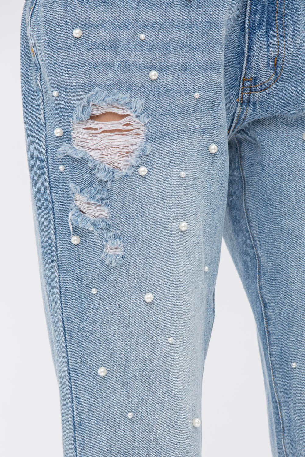 Pearl Embellished Front Ripped Jeans