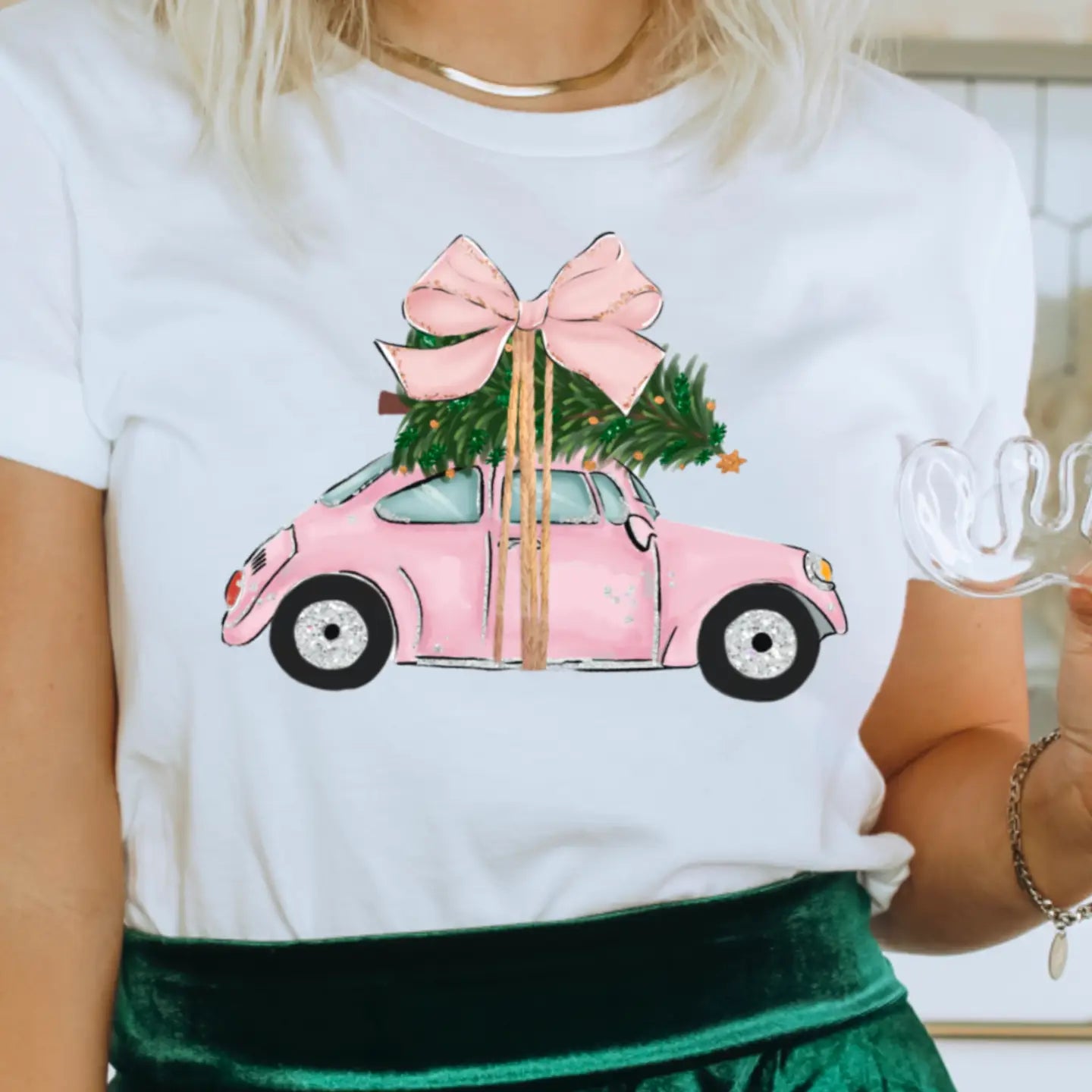 Christmas Car Pink Christmas Graphic Tee