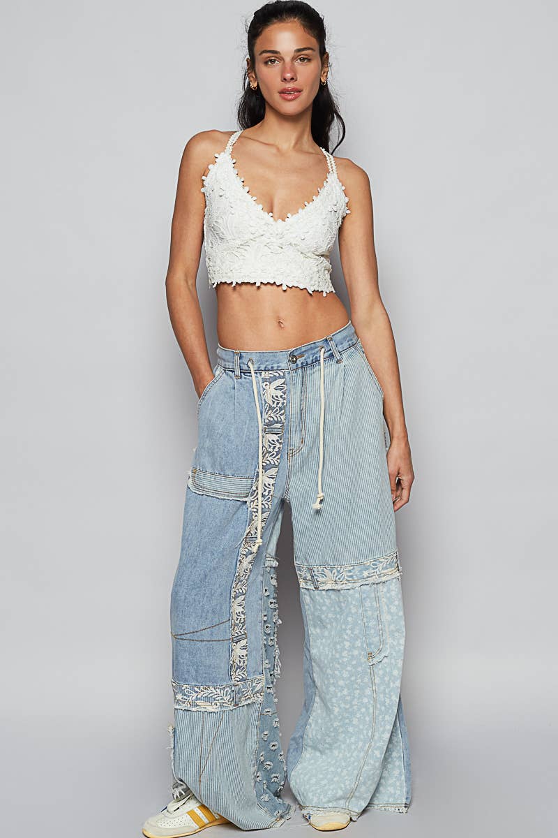 Lace Patch Contrast Denim Woven Pants
