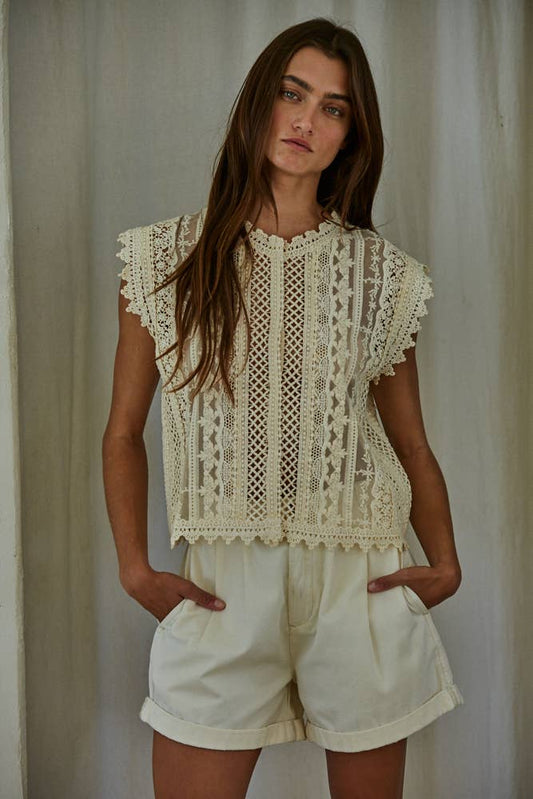 Woven Cotton Lace Button Down Sleeveless Top