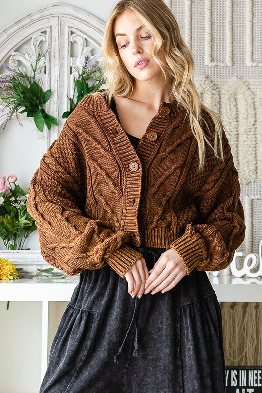 Washed Sweater Cardigan - Brown