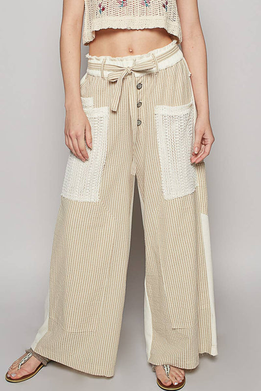 Striped Front Mesh Pockets Woven Pants