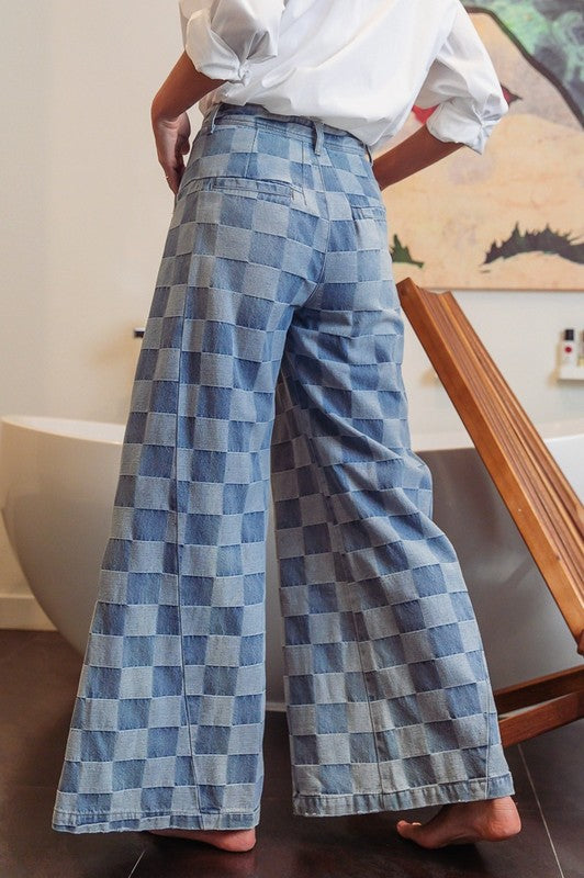 Washed Two Tone Checker Wide Pants
