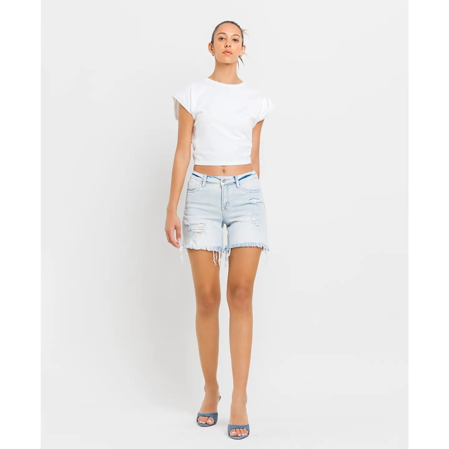 Mid Rise Distressed Stretch Shorts