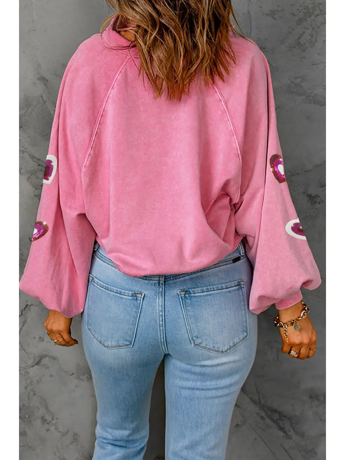 Mineral Wash Sequin Heart Snap Buttons Collared Sweatshirt