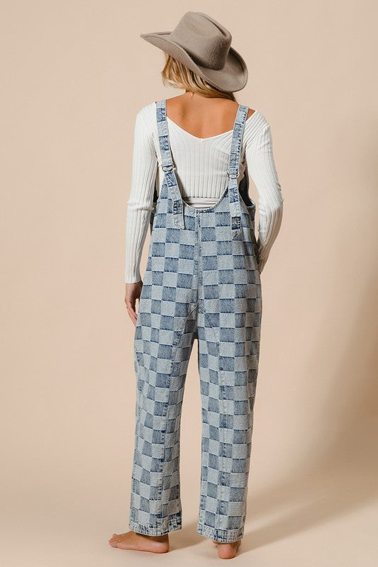 Low Rise Vintage Washed Checker Denim Overalls