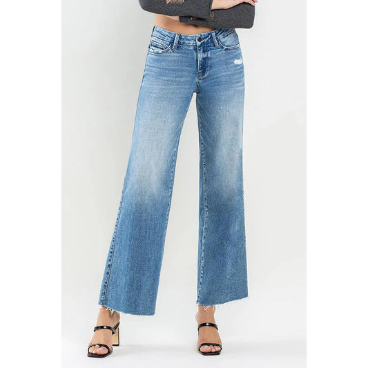 Mid Rise Clean Cut Raw Hem Wide Jeans