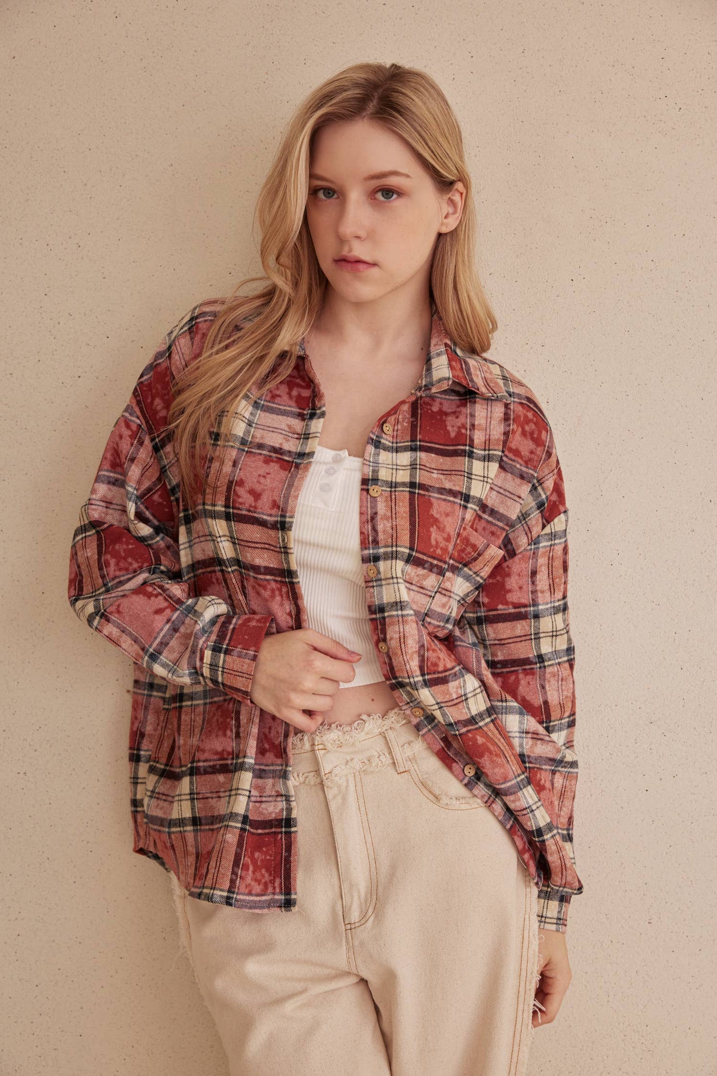 Oversized Plaid Shirt with Star Patches