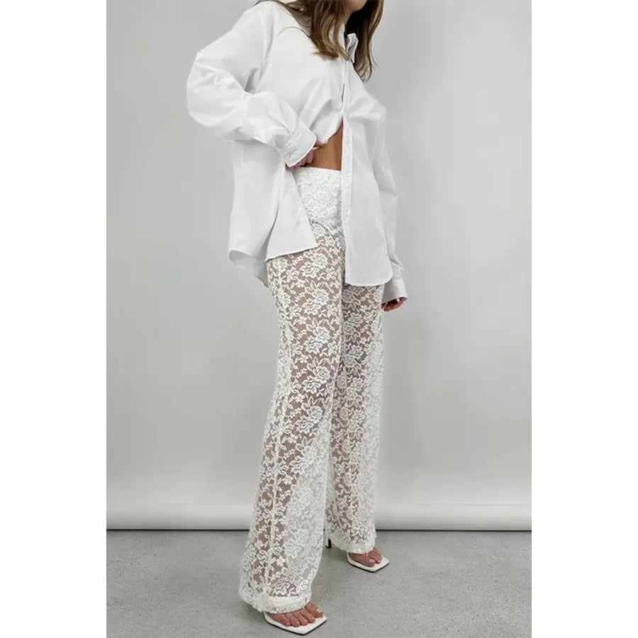 Sexy Lace See Through Straight Pants - White