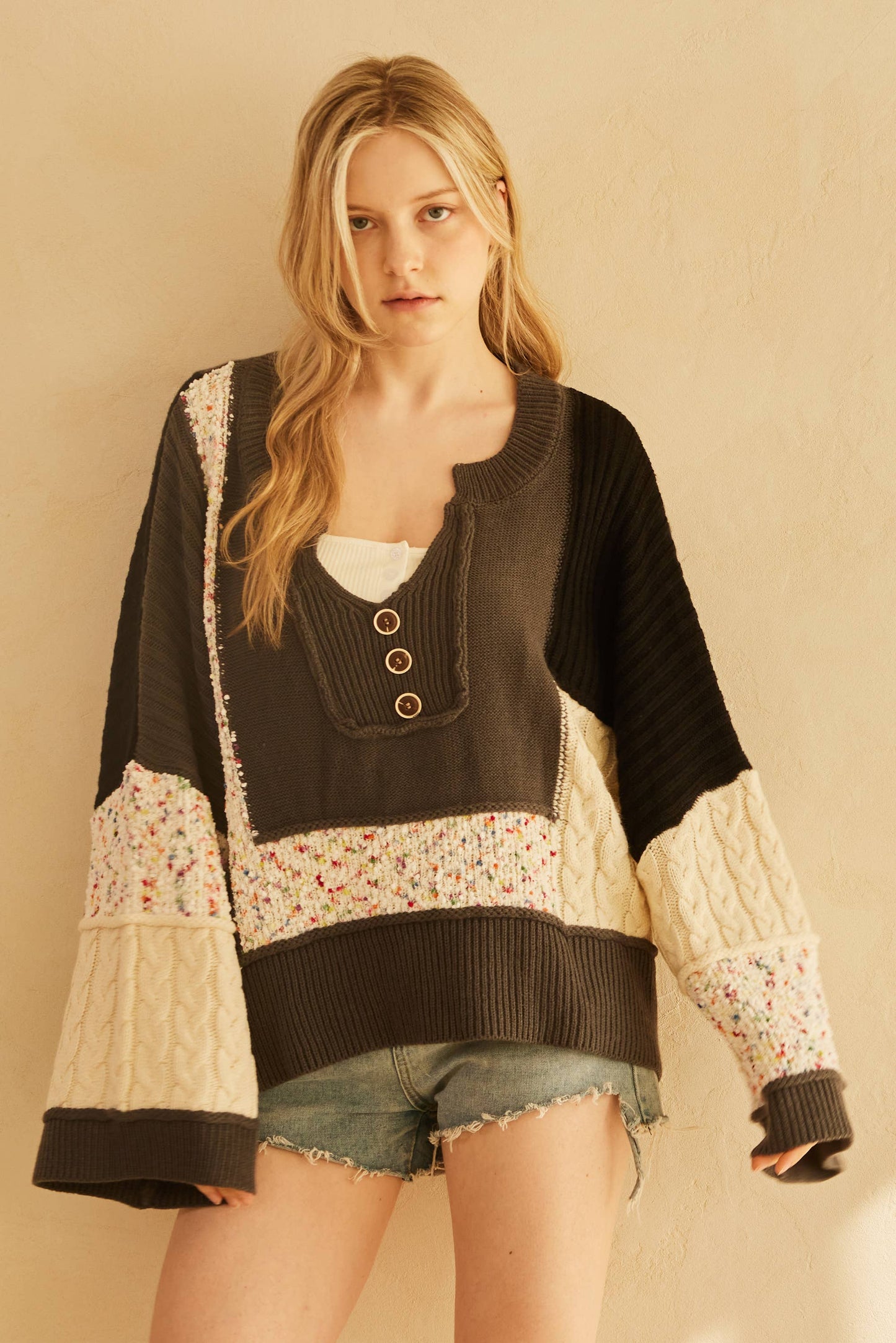 Multi Fabric Color Block Lace Sweater