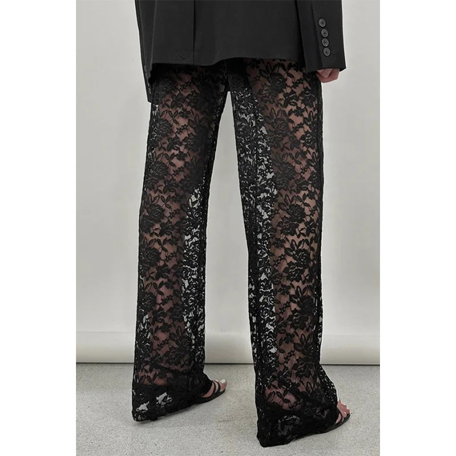 Sexy Lace See Through Straight Pants - Black