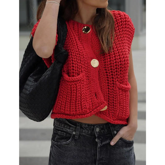 Solid Color Crew Neck Crop Sweater Vest
