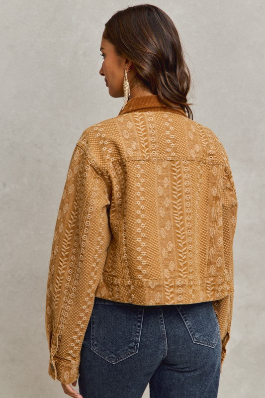 Floral Pattern Twill Corduroy Collar Denim Jacket