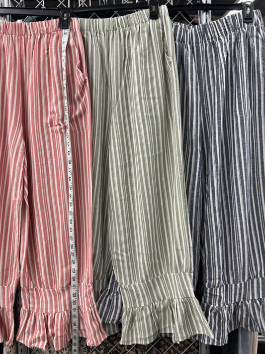 Linen Blend Ruffle Pants with Stripes