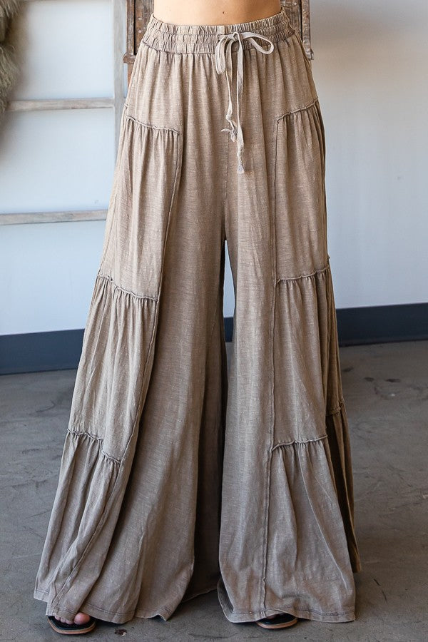 Mineral Washed Tiered Wide Leg Pants - Mocha