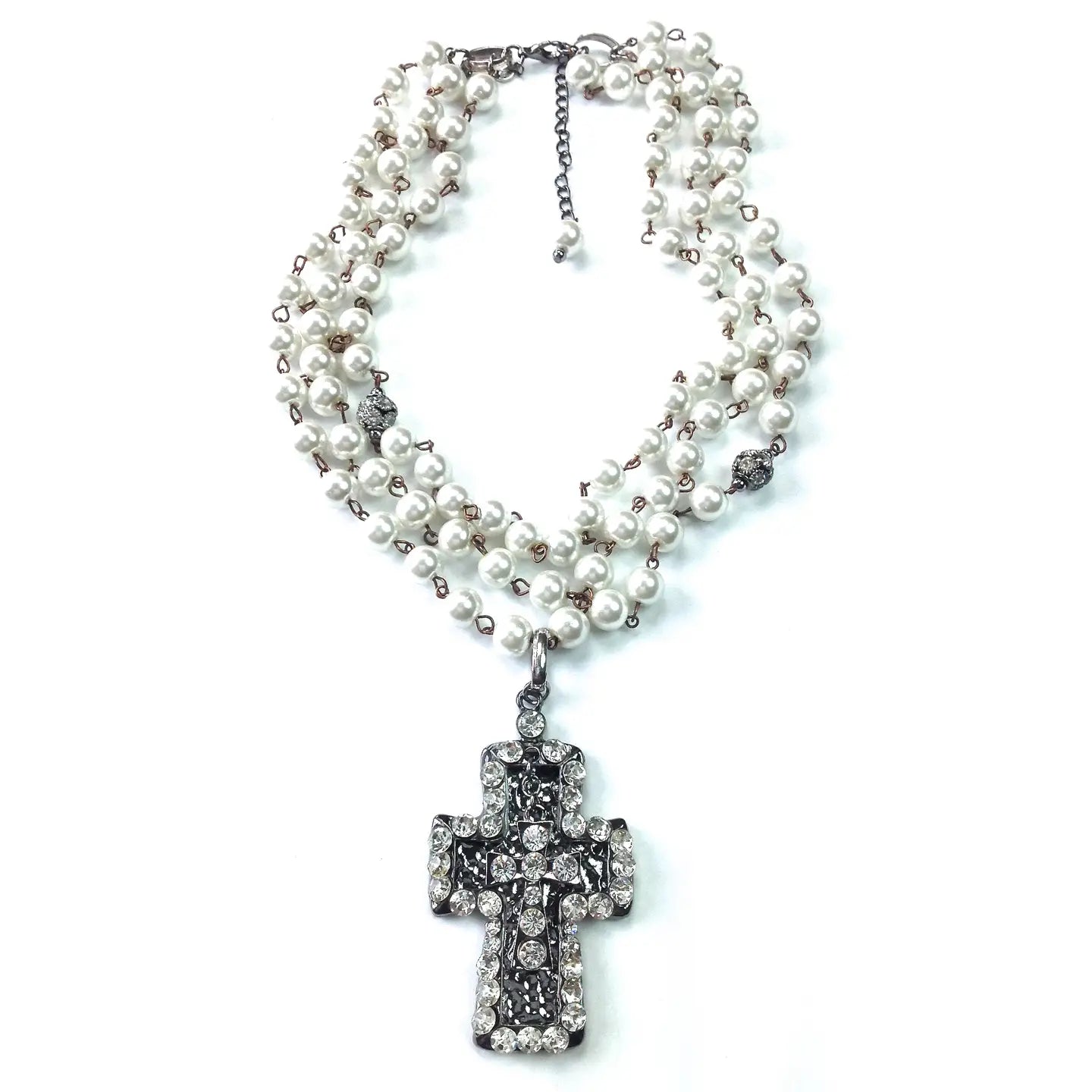 Triple Strand Rosaried Pearls W/Pendant Necklace