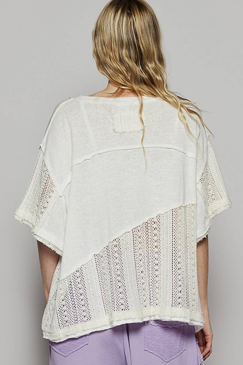 Oversize Round Neck Crochet Print Peace Top
