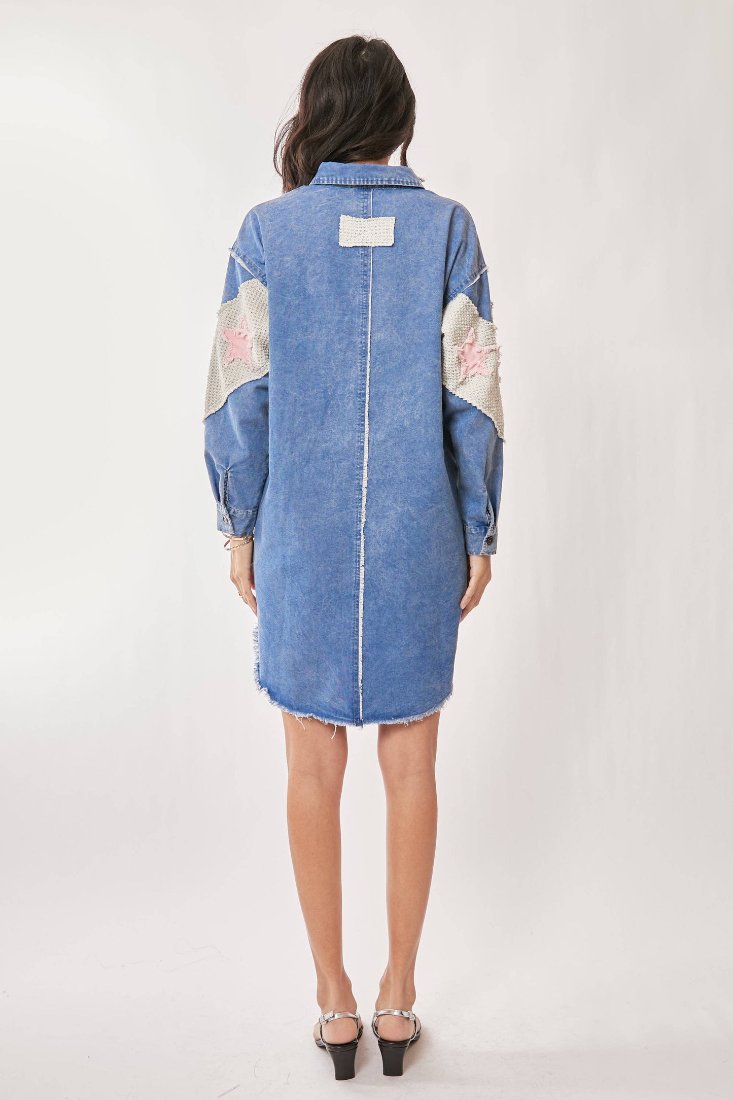 Acid Washed Denim Star Patch Shirt Dress