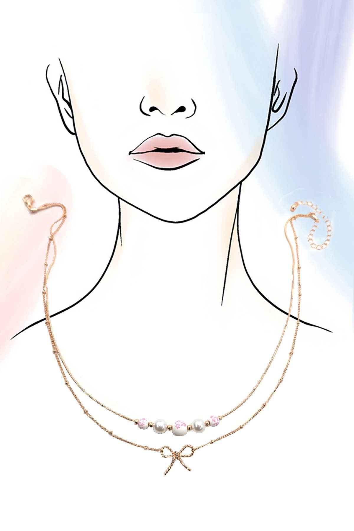 Pink Ceramic Porcelain Pearl Bow Layered Necklace