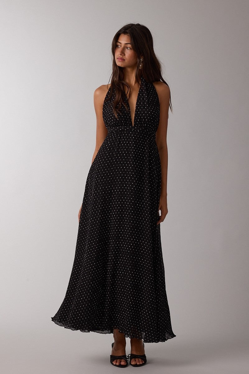 Sheer Polka Dot Halter Tie Open Back Maxi Dress
