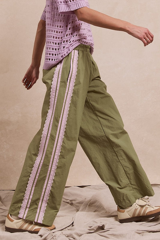 Side Contrast and Lace Detailed Track Pants - Sage/Lilac