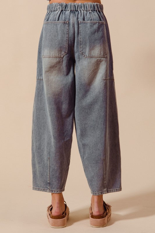 Mid Rise Wide Leg Denim Jeans w/Drawstring