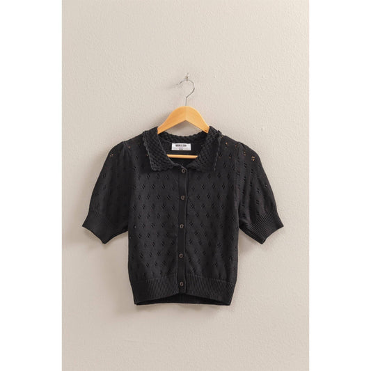 Cute Pointelle Open Knit Puff Sleeve Top - Black