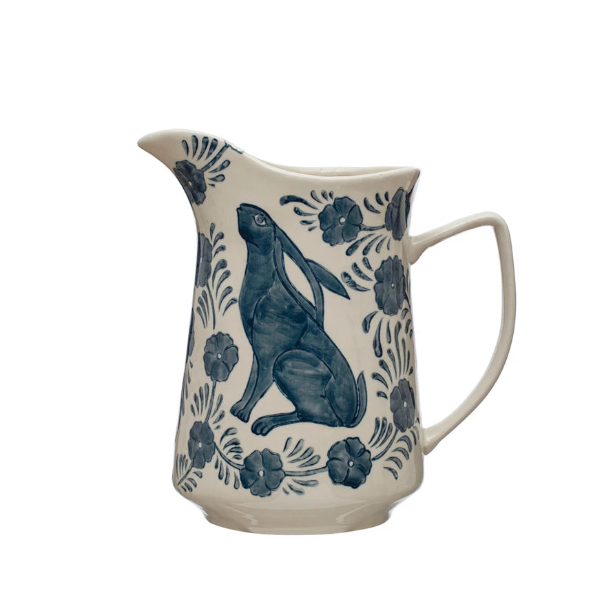 3 Quart Hand-Painted Stoneware Pitcher w/ Rabbit & Flowers