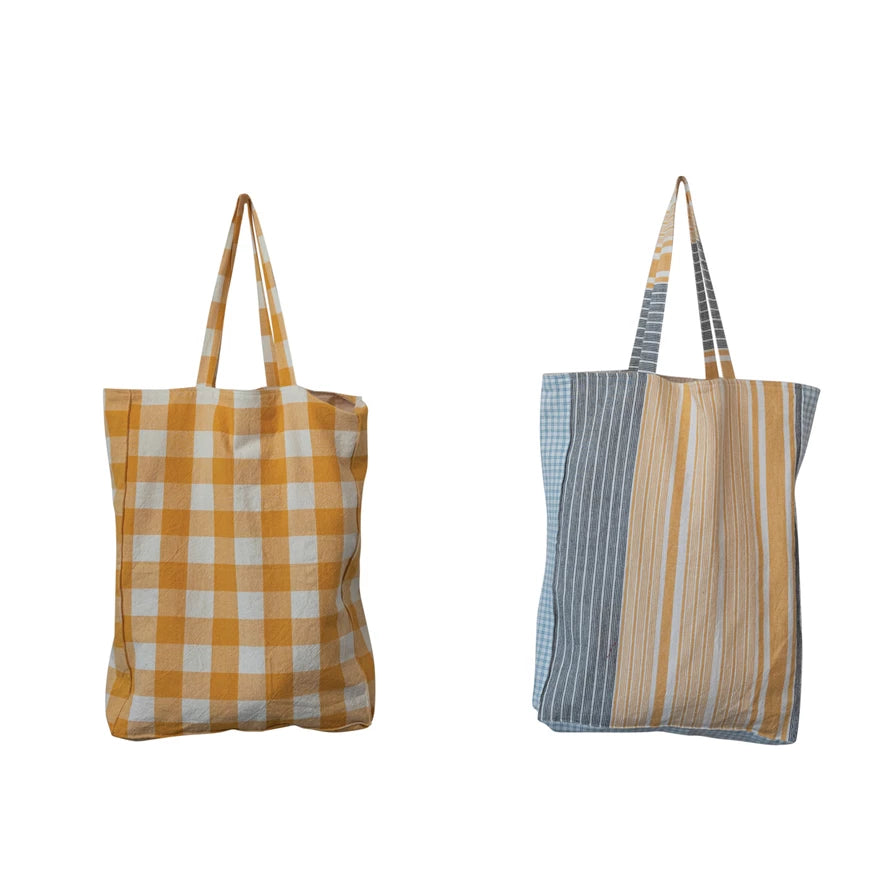 Cotton Tote Bag w/ Gingham/Stripes & Interior Pocket