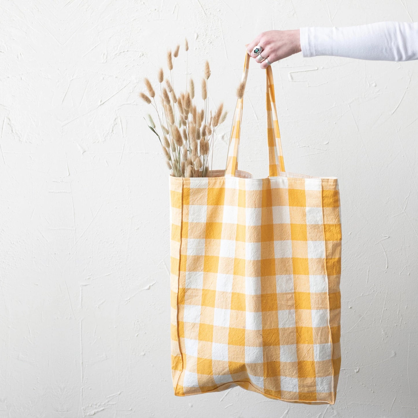 Cotton Tote Bag w/ Gingham/Stripes & Interior Pocket