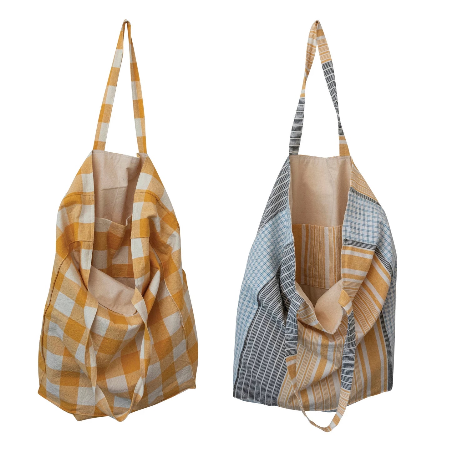 Cotton Tote Bag w/ Gingham/Stripes & Interior Pocket