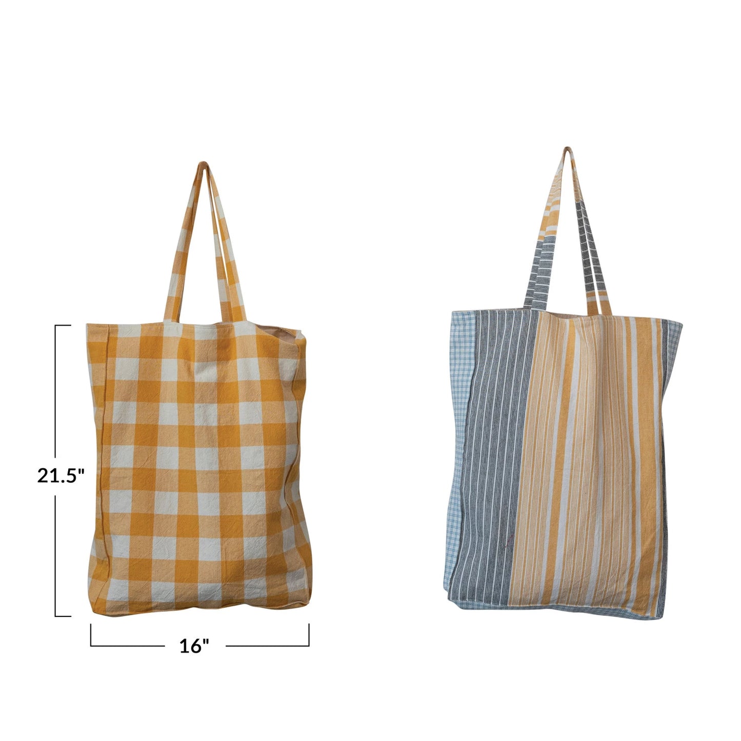 Cotton Tote Bag w/ Gingham/Stripes & Interior Pocket