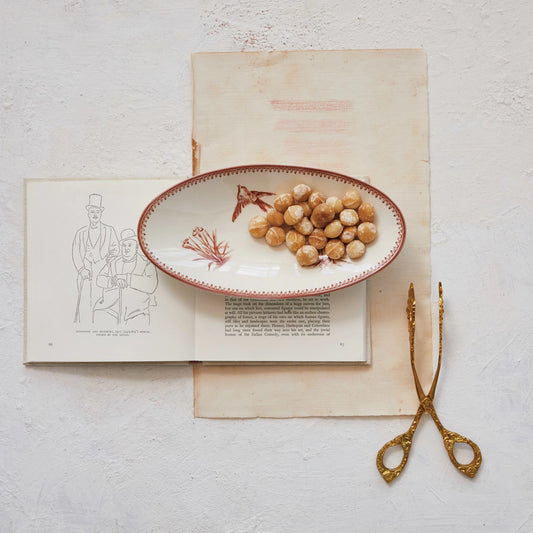 Stoneware Plate w/ Vintage Reproduction Bird/Botanical