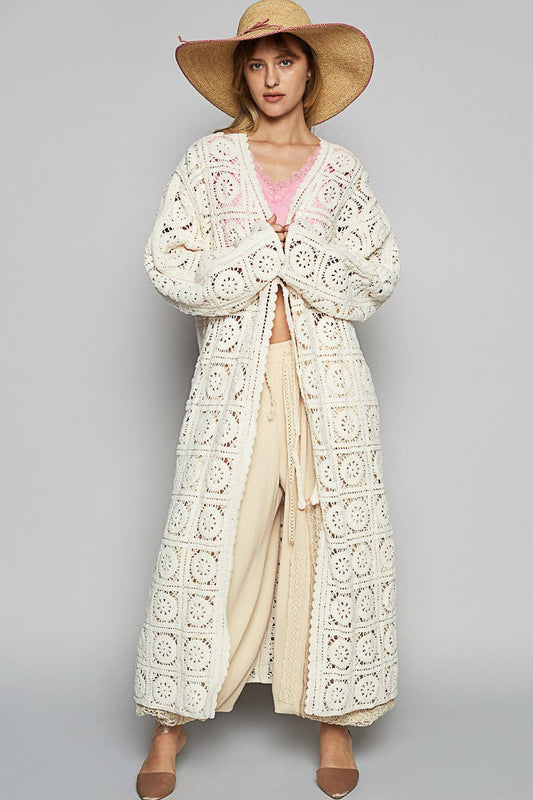 V-neck Long Sleeve Crochet Weave Cardigan