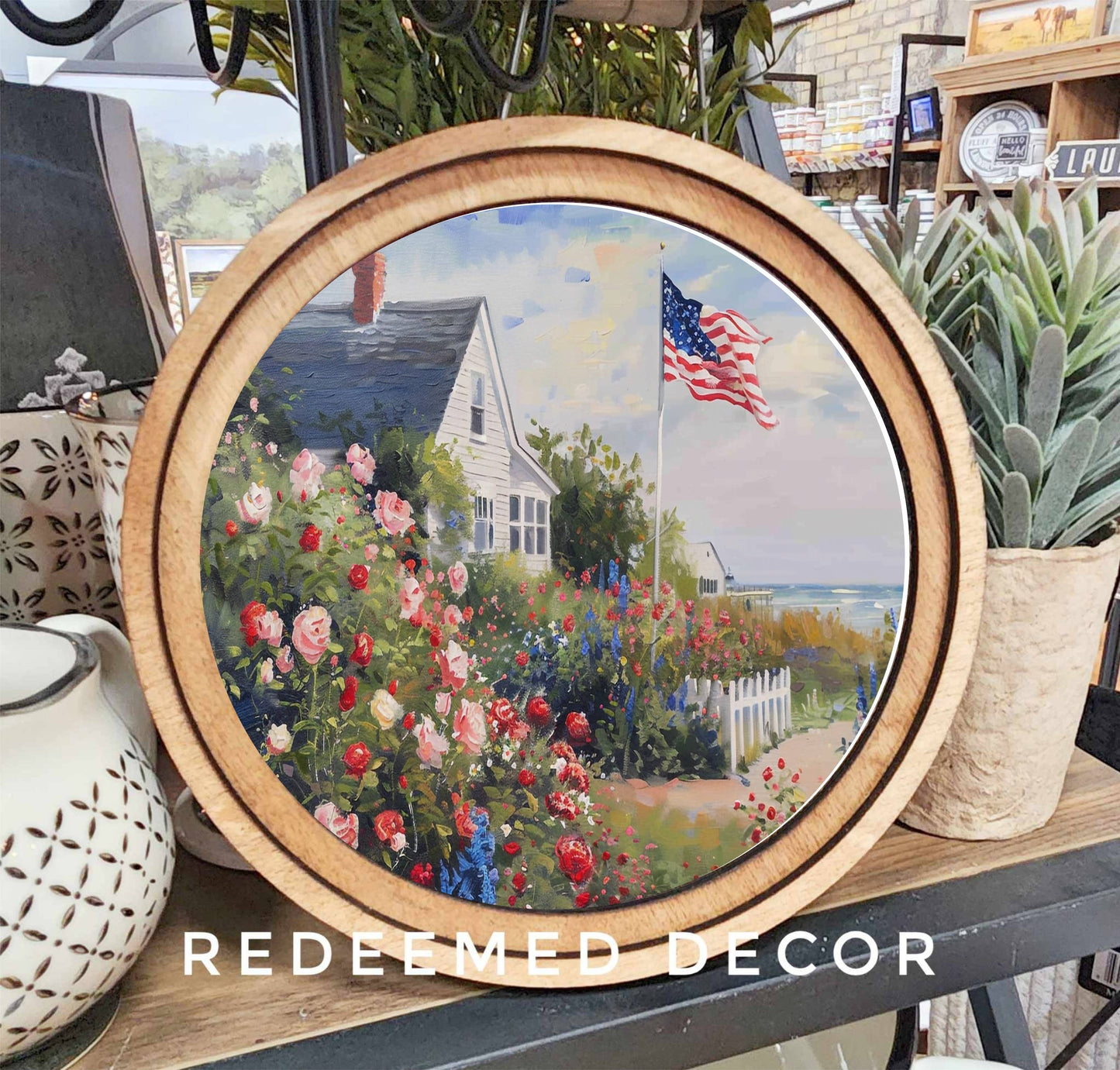 8" Round Patriotic Beach House Art