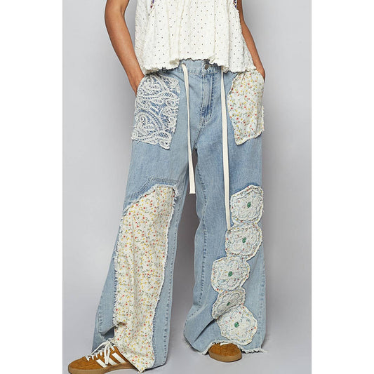 Drawstring Floral Patch Denim Pants